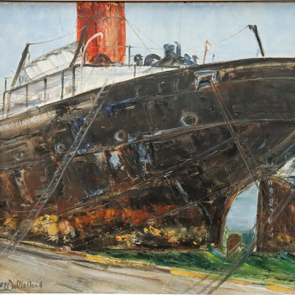 AW898: E McClelland Modernist Oil on Masonite Board Painting Freighter in Harbor