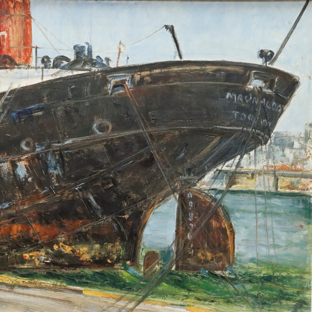 AW898: E McClelland Modernist Oil on Masonite Board Painting Freighter in Harbor