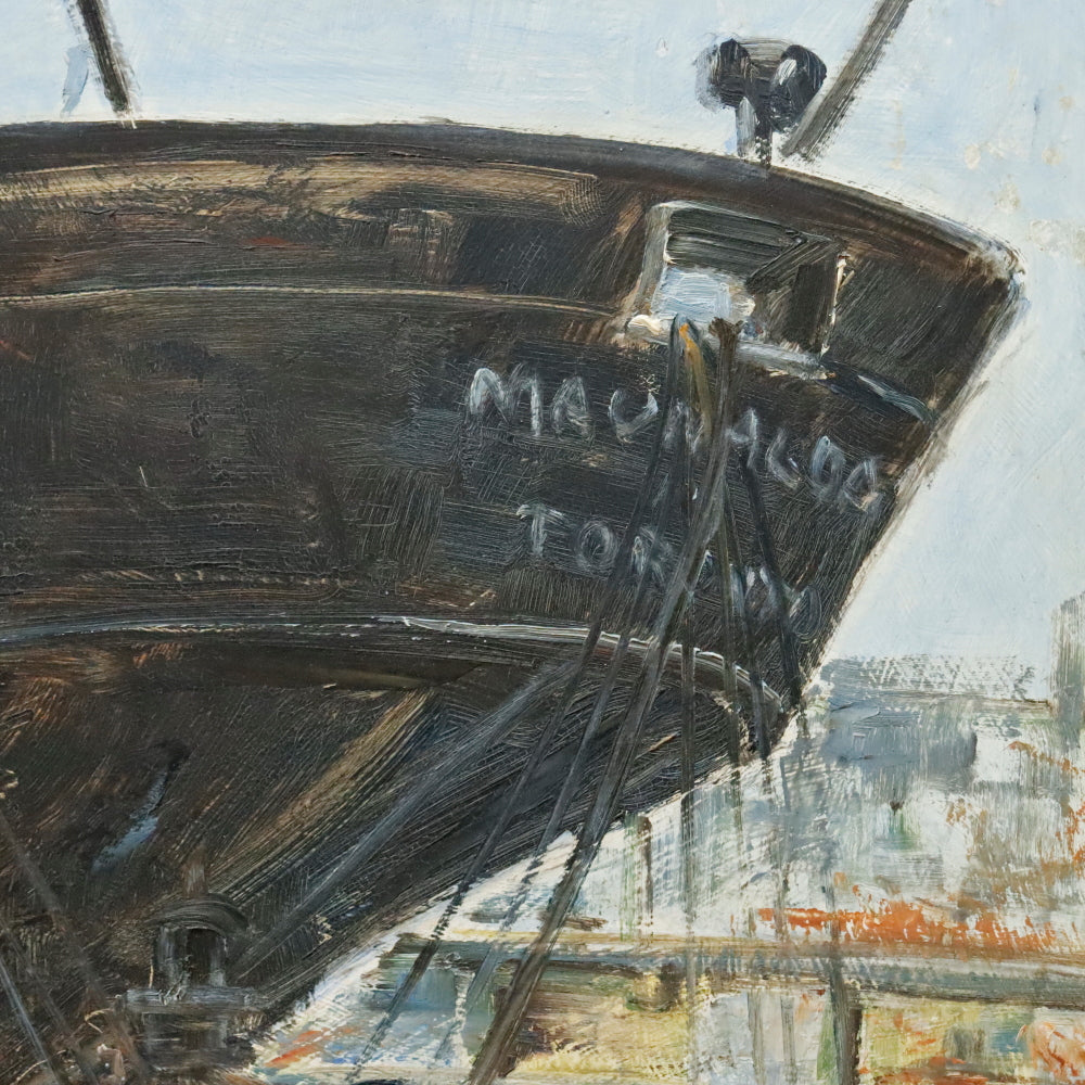 AW898: E McClelland Modernist Oil on Masonite Board Painting Freighter in Harbor