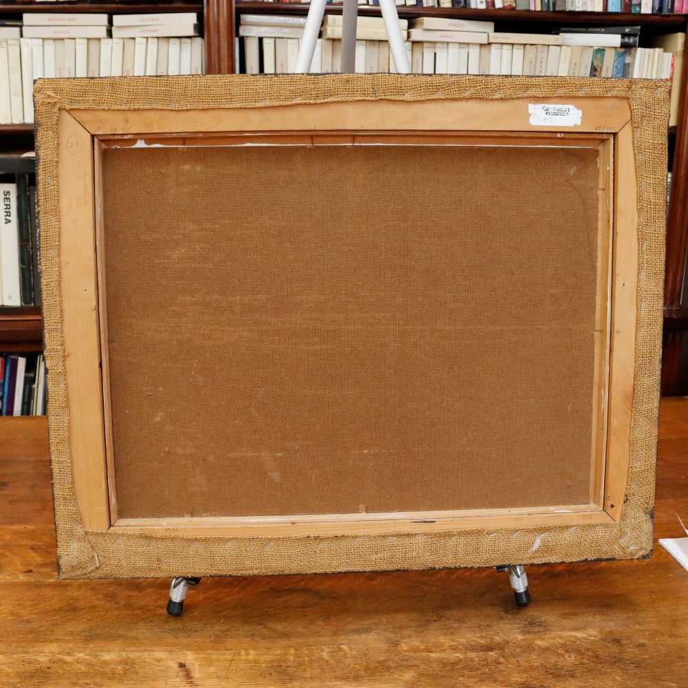 AW898: E McClelland Modernist Oil on Masonite Board Painting Freighter in Harbor