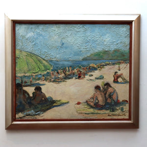 AW900: Alice Laufner Lawrence "Golden Days" Beach Scene Oil on Masonite Panel Painting Circa 1970