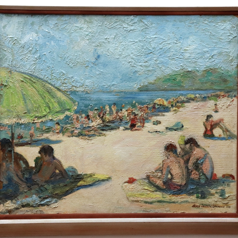 AW900: Alice Laufner Lawrence "Golden Days" Beach Scene Oil on Masonite Panel Painting Circa 1970