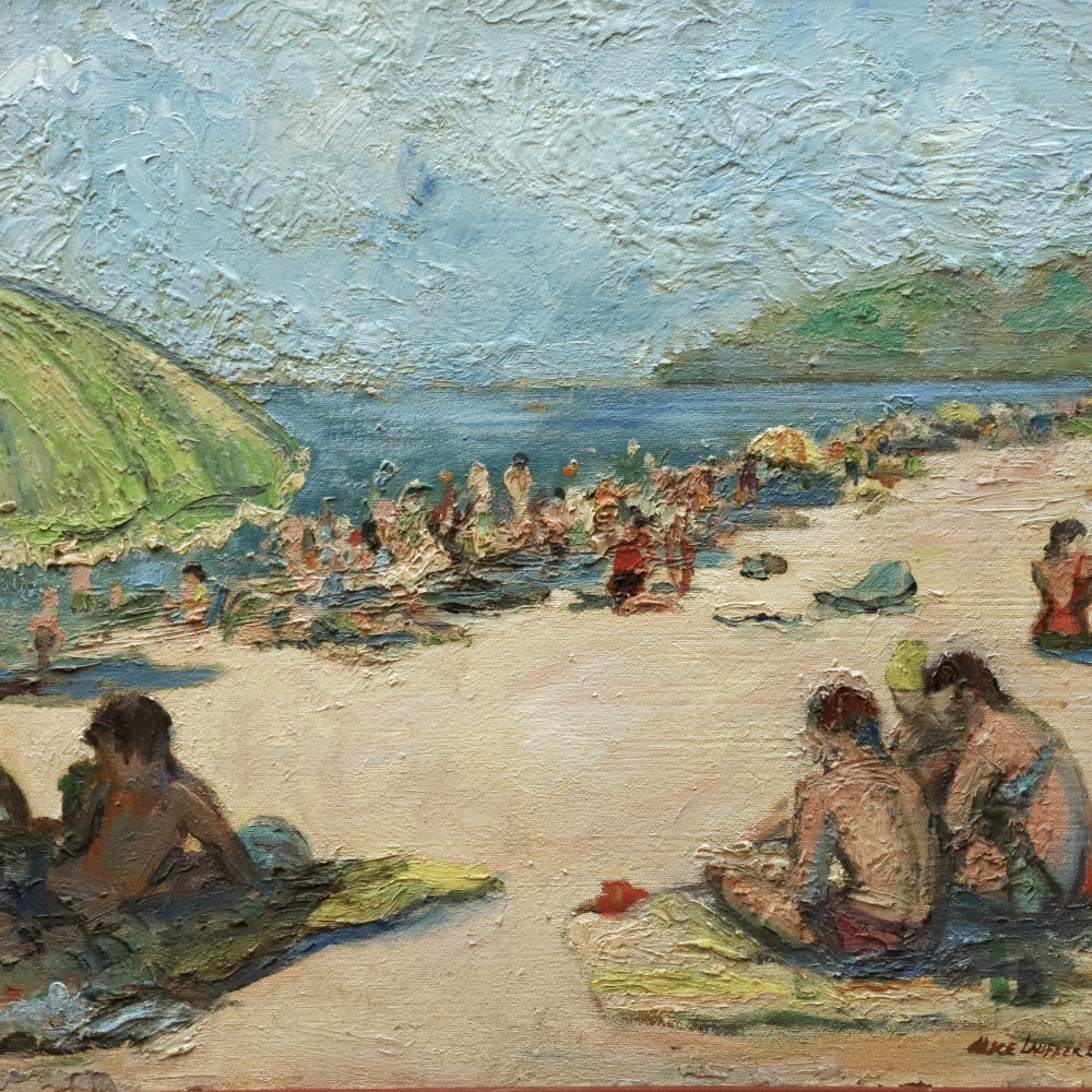 AW900: Alice Laufner Lawrence "Golden Days" Beach Scene Oil on Masonite Panel Painting Circa 1970
