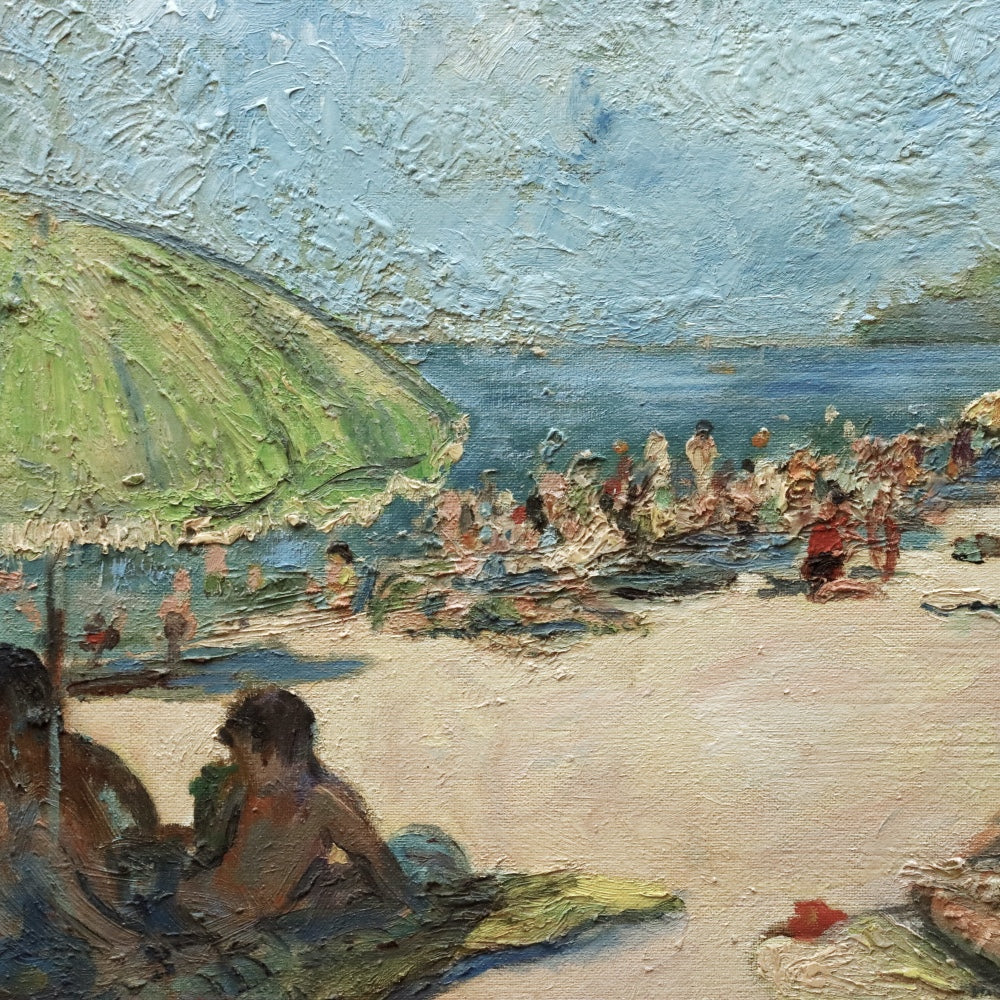 AW900: Alice Laufner Lawrence "Golden Days" Beach Scene Oil on Masonite Panel Painting Circa 1970