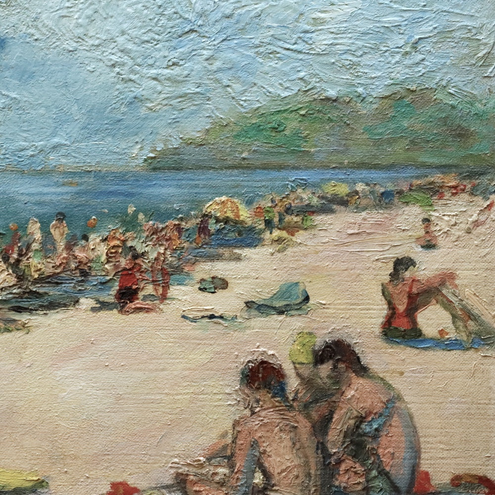 AW900: Alice Laufner Lawrence "Golden Days" Beach Scene Oil on Masonite Panel Painting Circa 1970