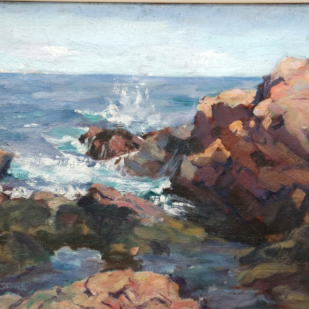 AW905: Gladys Logan Winner Gloucester Rocks Oil on Artist Board Painting