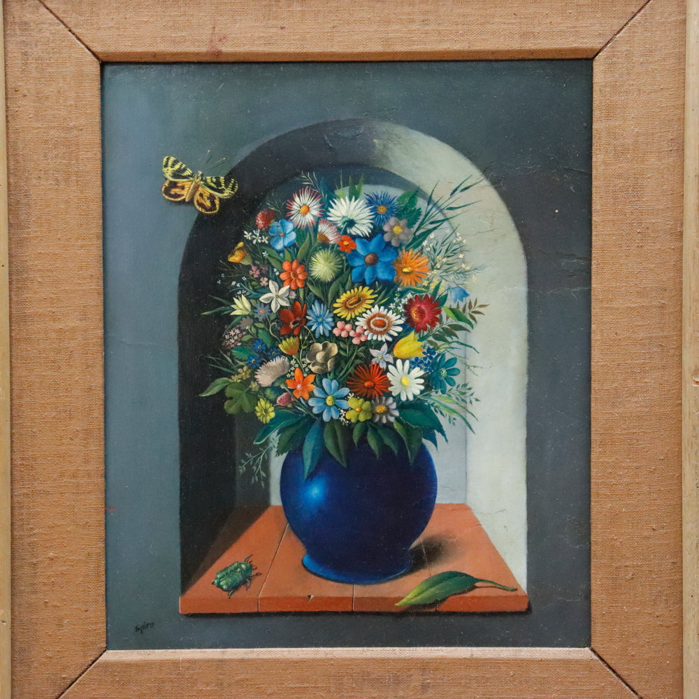 AW119: Georges Spiro Surrealist Wildflower Still Life Oil on Masonite Board Painting