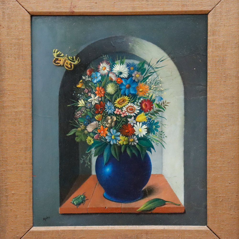 AW119: Georges Spiro Surrealist Wildflower Still Life Oil on Masonite Board Painting