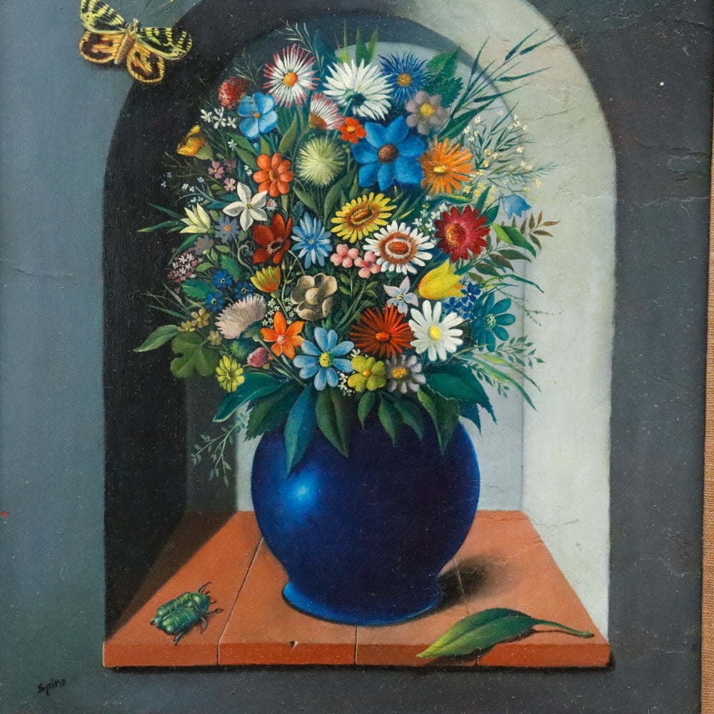 AW119: Georges Spiro Surrealist Wildflower Still Life Oil on Masonite Board Painting