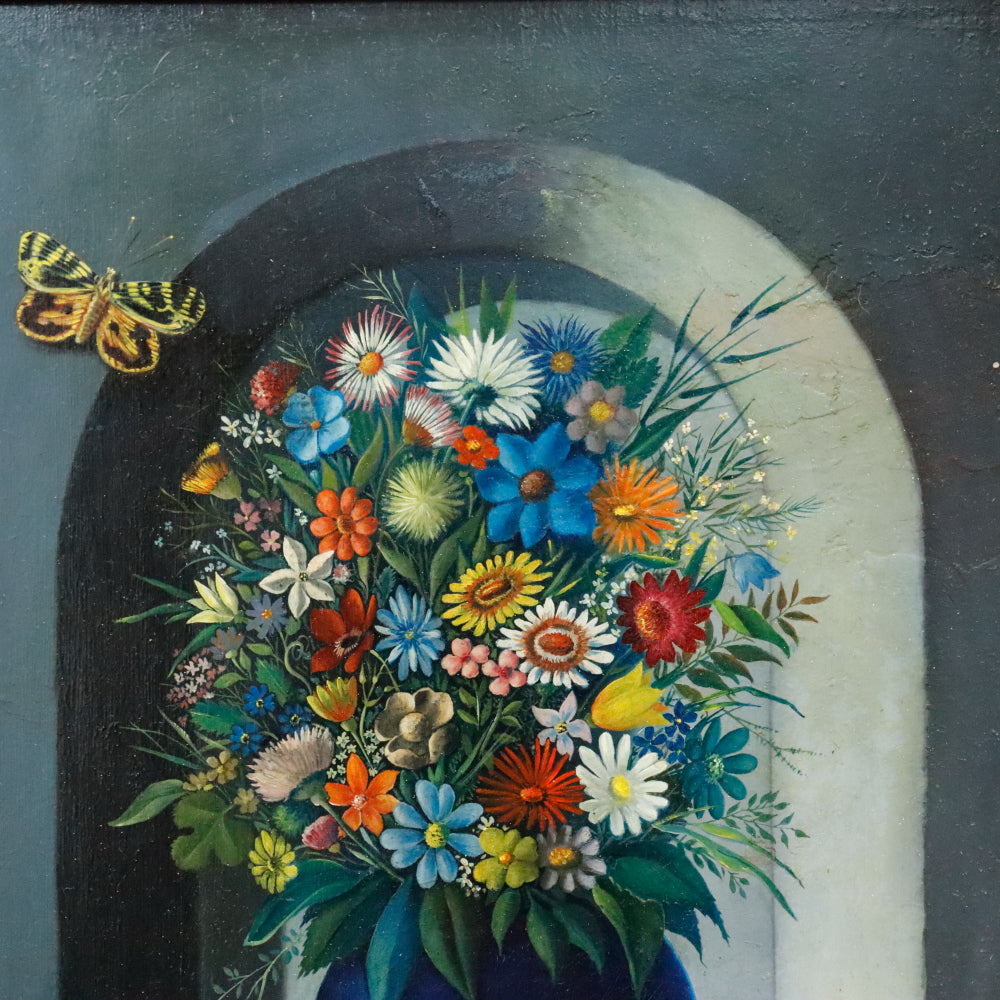 AW119: Georges Spiro Surrealist Wildflower Still Life Oil on Masonite Board Painting