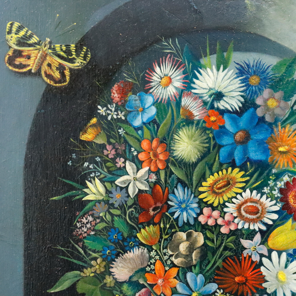 AW119: Georges Spiro Surrealist Wildflower Still Life Oil on Masonite Board Painting