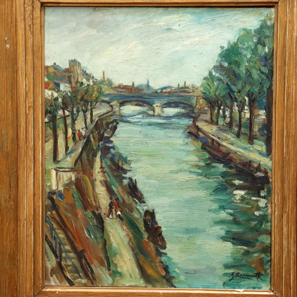 AW266: Lisandro Ramacciotti La Seine Paris Oil on Canvas Expressionist Painting Circa 1954