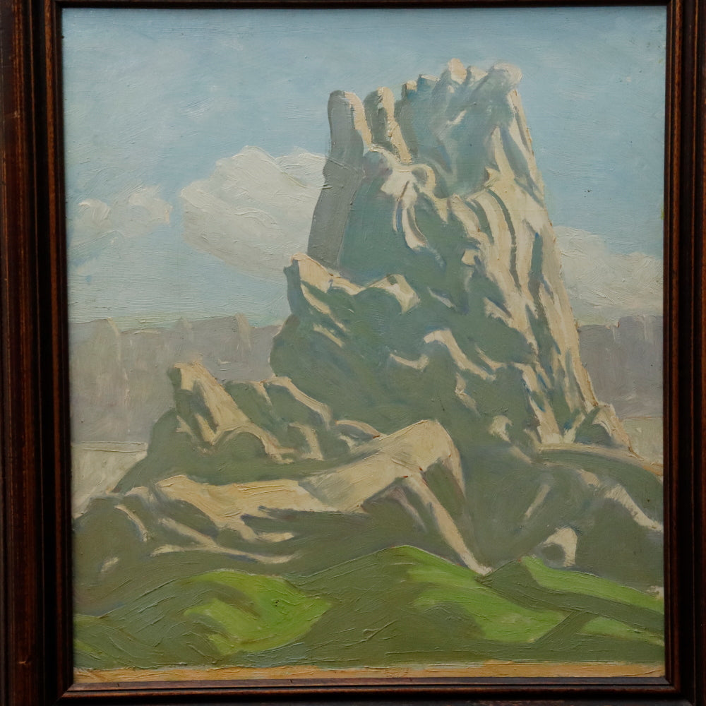 AW099: Ralph Holmes California Impressionist Landscape with Monumental Rock Oil on Board Painting