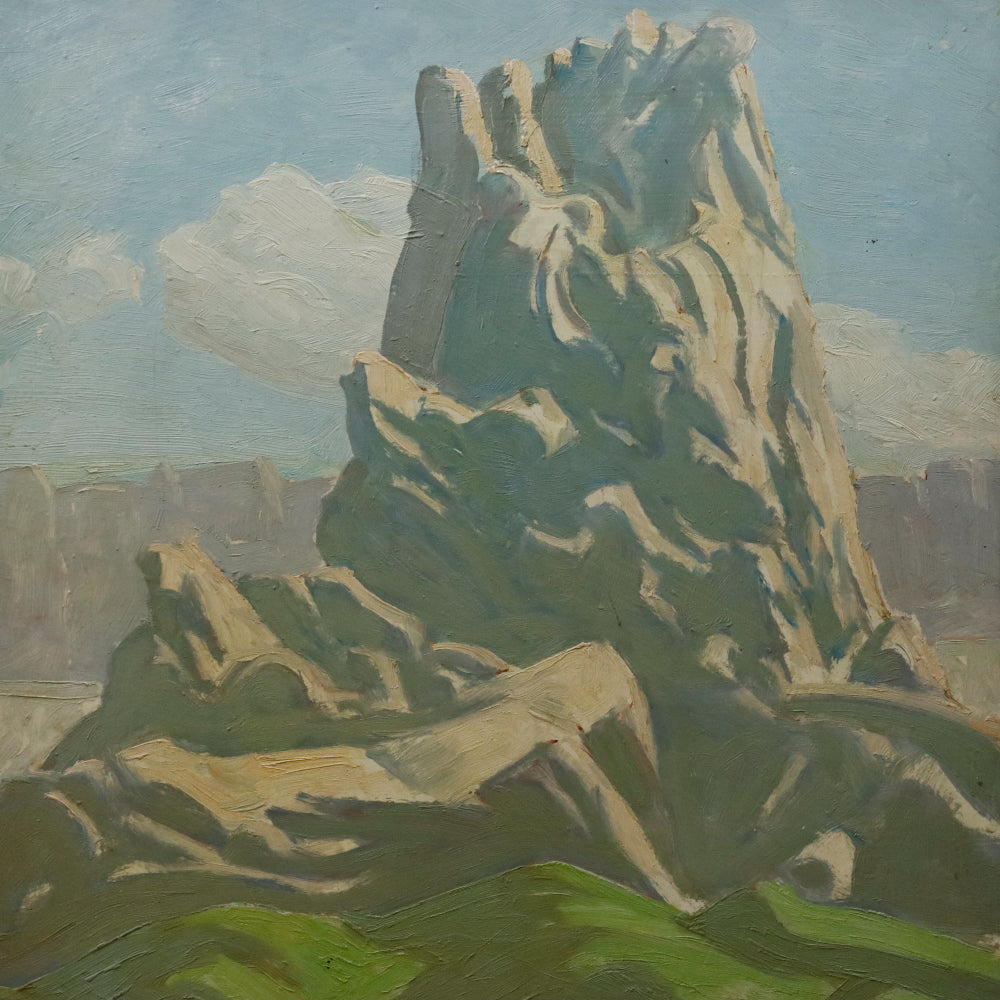 AW099: Ralph Holmes California Impressionist Landscape with Monumental Rock Oil on Board Painting