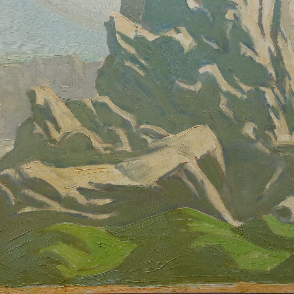 AW099: Ralph Holmes California Impressionist Landscape with Monumental Rock Oil on Board Painting