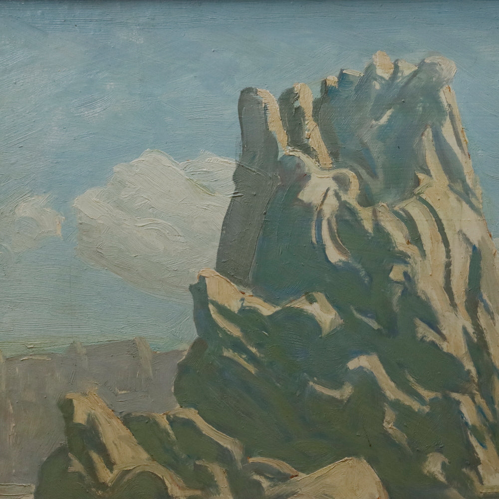 AW099: Ralph Holmes California Impressionist Landscape with Monumental Rock Oil on Board Painting