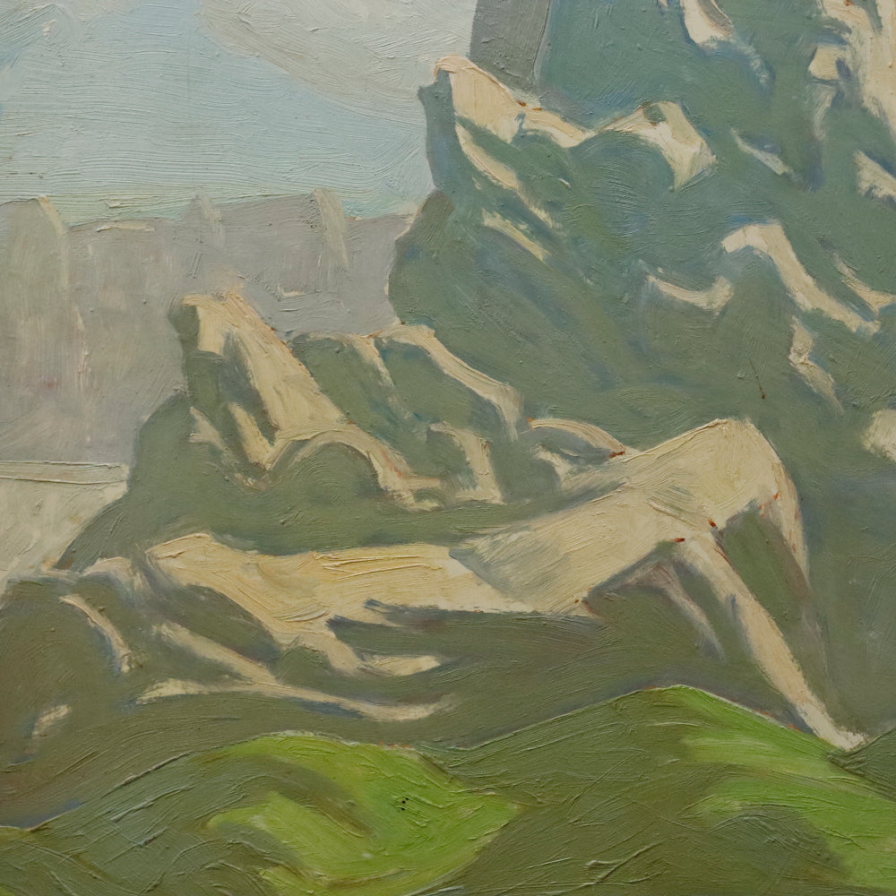 AW099: Ralph Holmes California Impressionist Landscape with Monumental Rock Oil on Board Painting