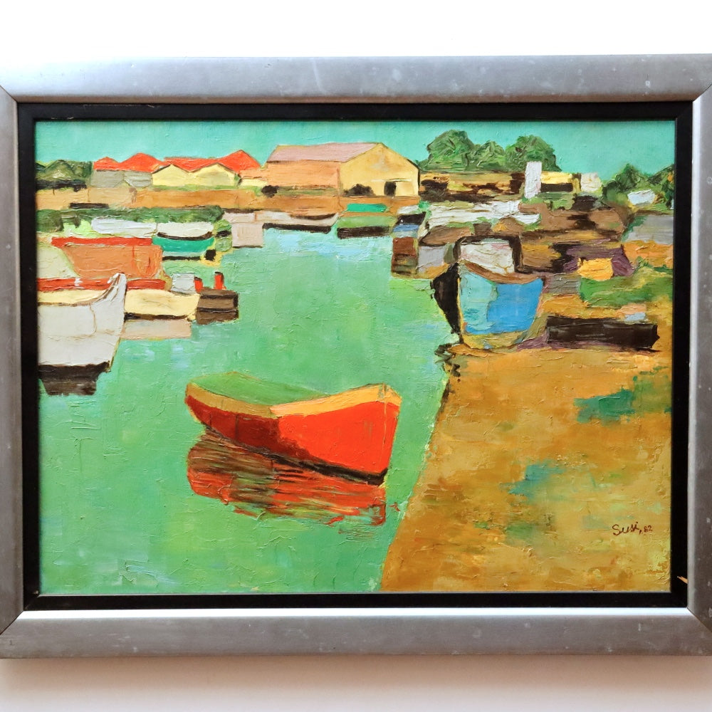 AW338: Susan Donath Modernist Boats in Harbor Oil on Canvas Painting Circa 1982