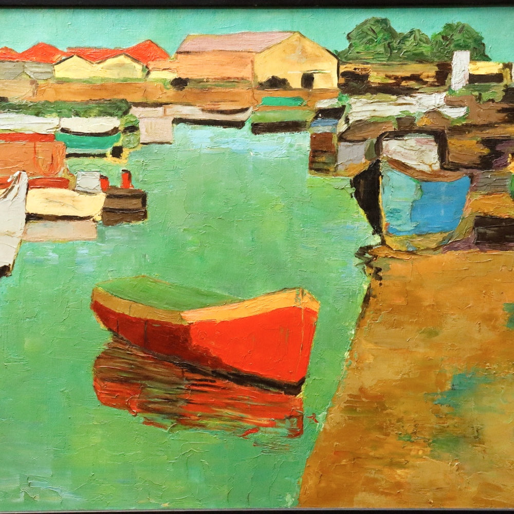 AW338: Susan Donath Modernist Boats in Harbor Oil on Canvas Painting Circa 1982