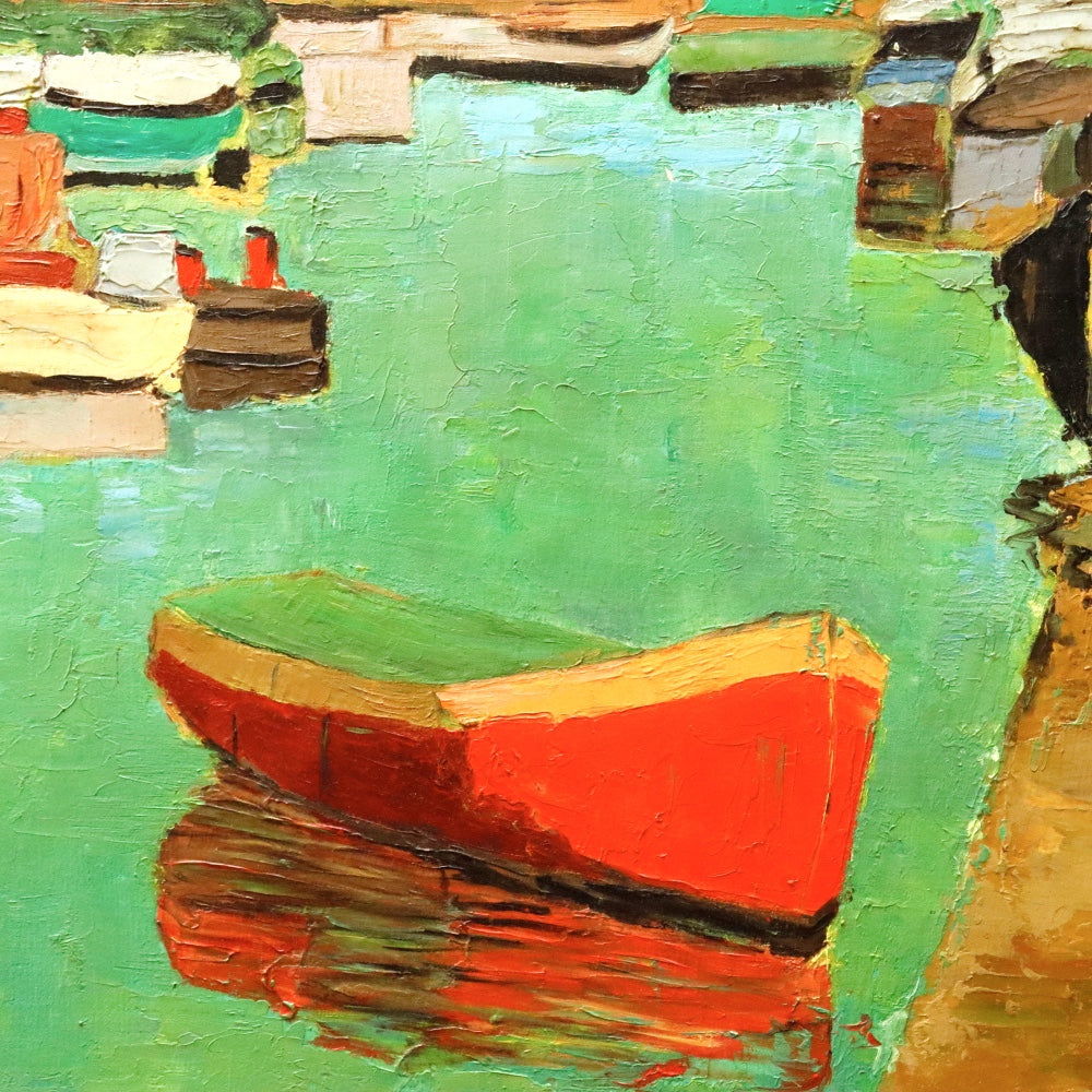 AW338: Susan Donath Modernist Boats in Harbor Oil on Canvas Painting Circa 1982