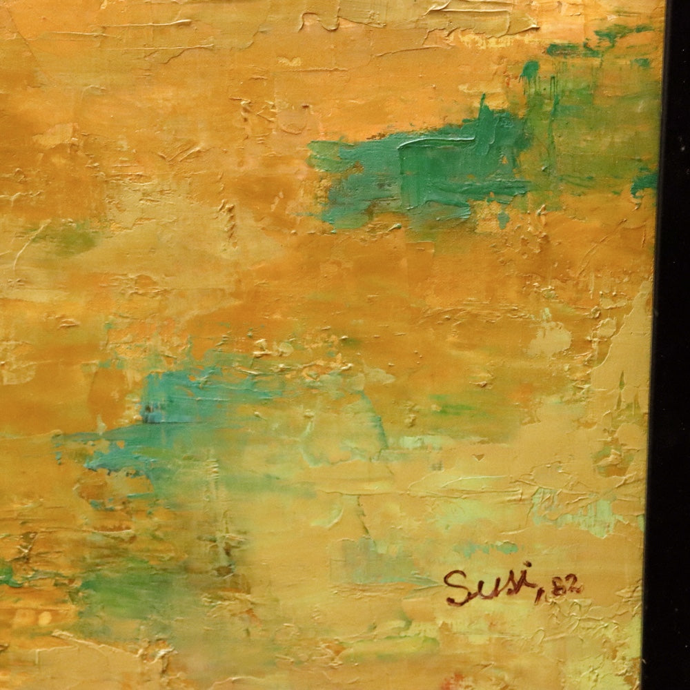 AW338: Susan Donath Modernist Boats in Harbor Oil on Canvas Painting Circa 1982