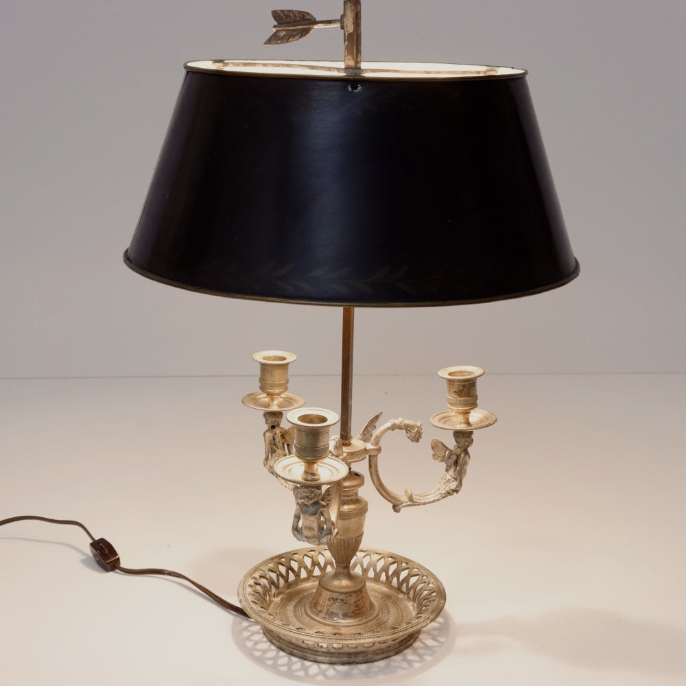 AL2-035: Antique Early 20th Century French Silverplate Bouillote Lamp With Tole Shade