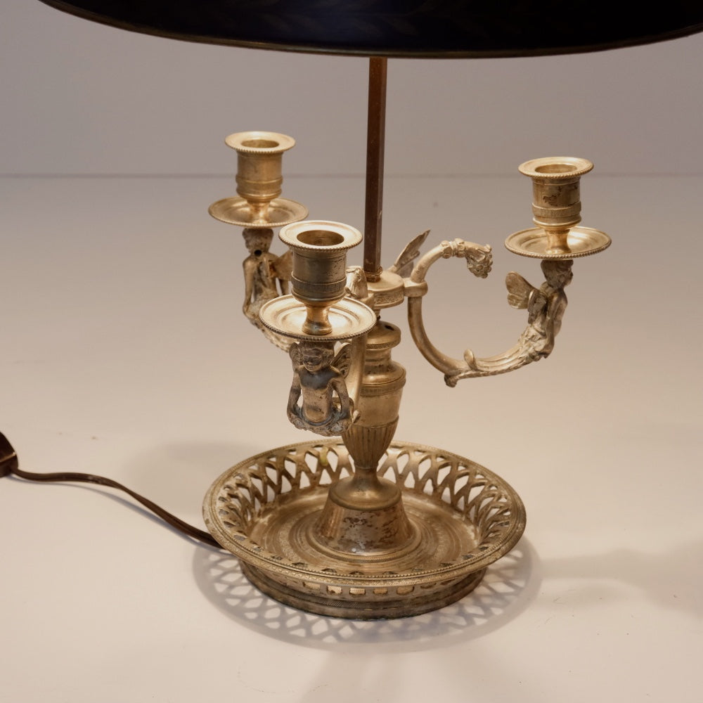 AL2-035: Antique Early 20th Century French Silverplate Bouillote Lamp With Tole Shade