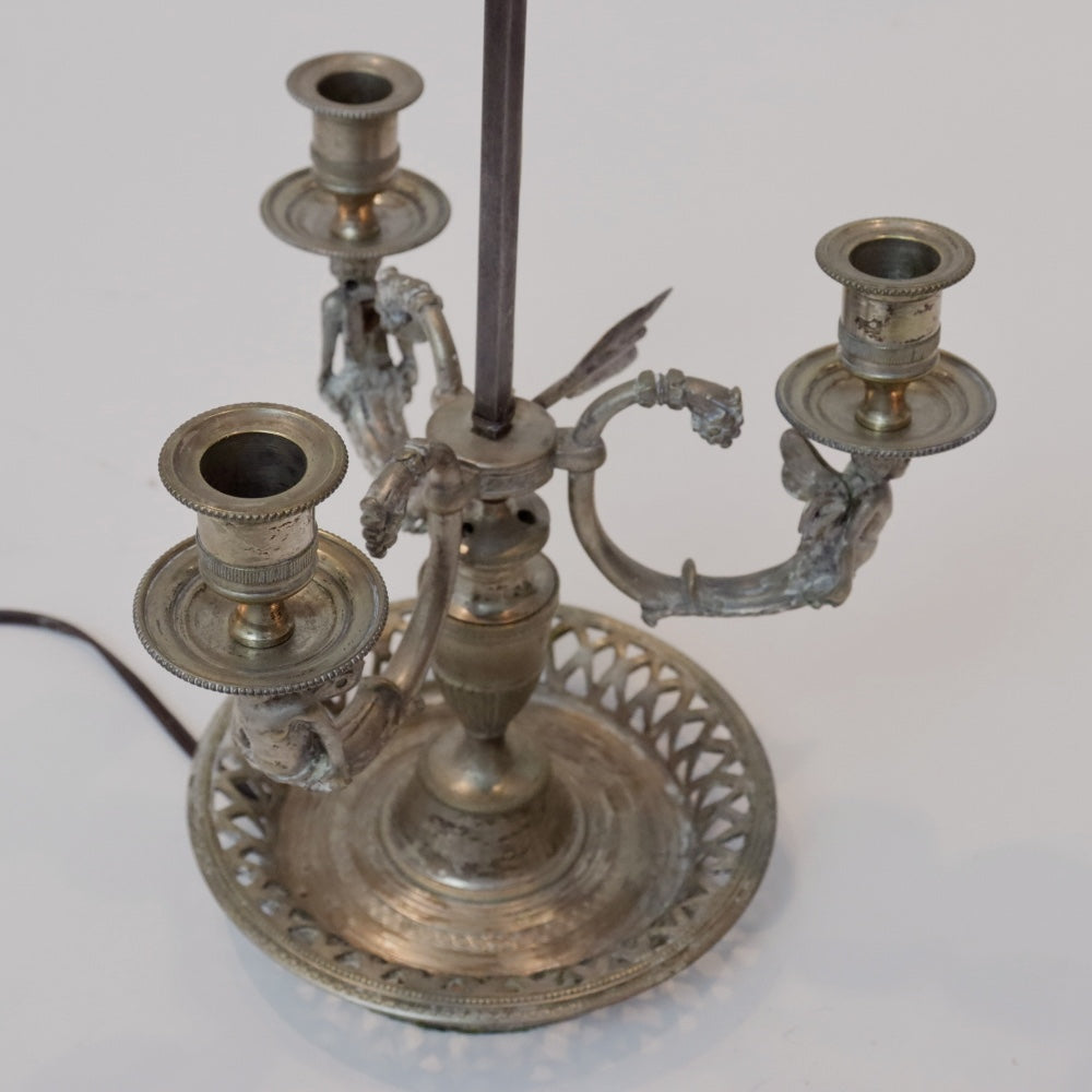 AL2-035: Antique Early 20th Century French Silverplate Bouillote Lamp With Tole Shade