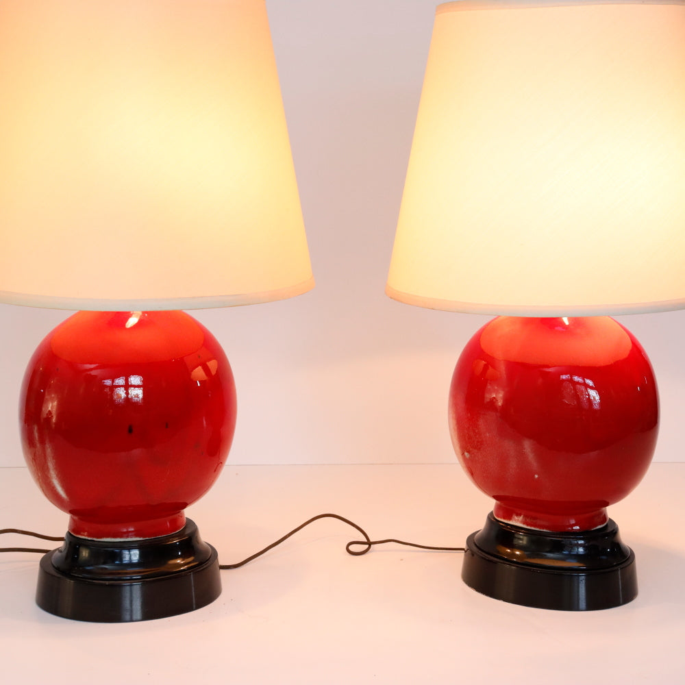 AL2-036: Antique Pair of Chinese Red Oxblood Vase Lamps Early 20th Century