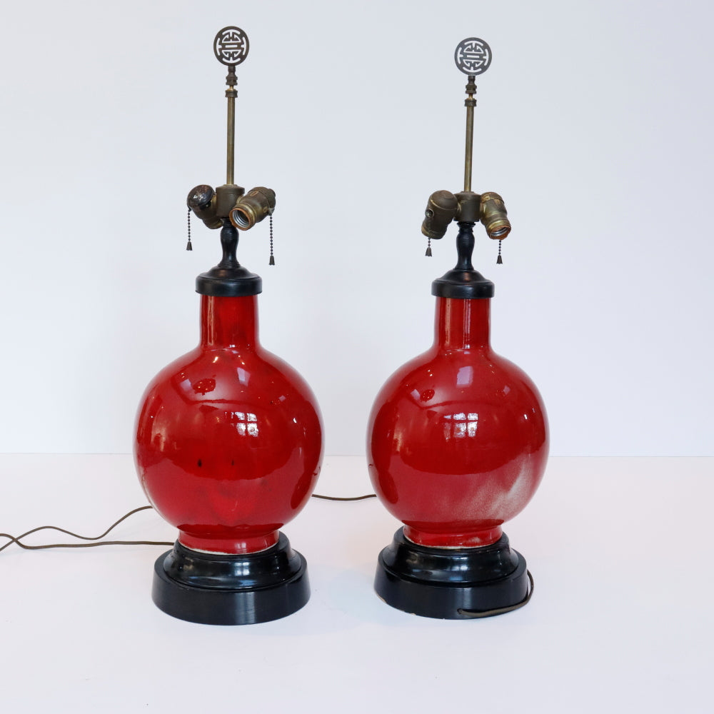 AL2-036: Antique Pair of Chinese Red Oxblood Vase Lamps Early 20th Century