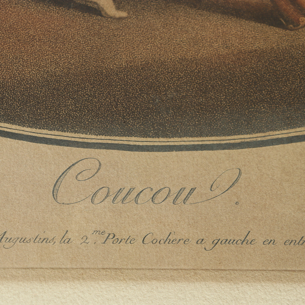 AW7-120: Coucou, d' apers Leroy - 18th Century Hand Colored Chisel Engraving By Pierre-Guillame-Alexandre Beljambe