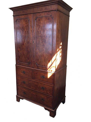 Late 20th Century English Georgian Style Burled Walnut Linen Press  | Work of Man