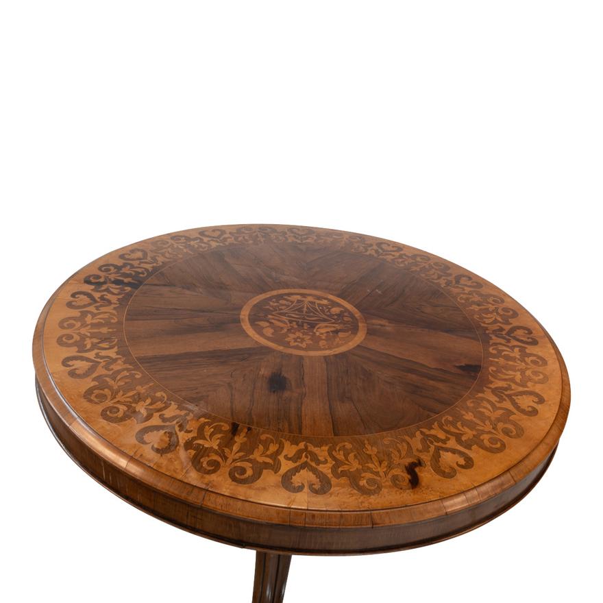 AF1-004:  ANTIQUE EARLY 19TH CENTURY ENGLISH WILLIAM IV ROUND PEDESTAL TABLE W/ MARQUETRY INLAY
