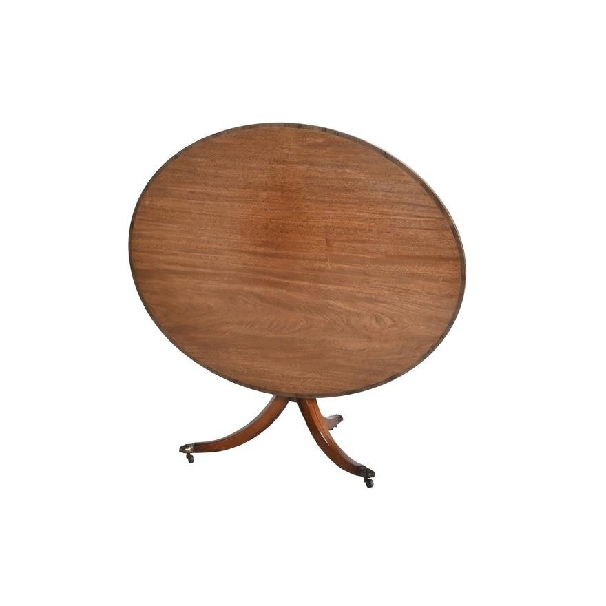 AF1-275: Antique Georgian Mahogany Oval Tilt Top Pedestal Dining Table With Rosewood Cross Banding and Line Inlay