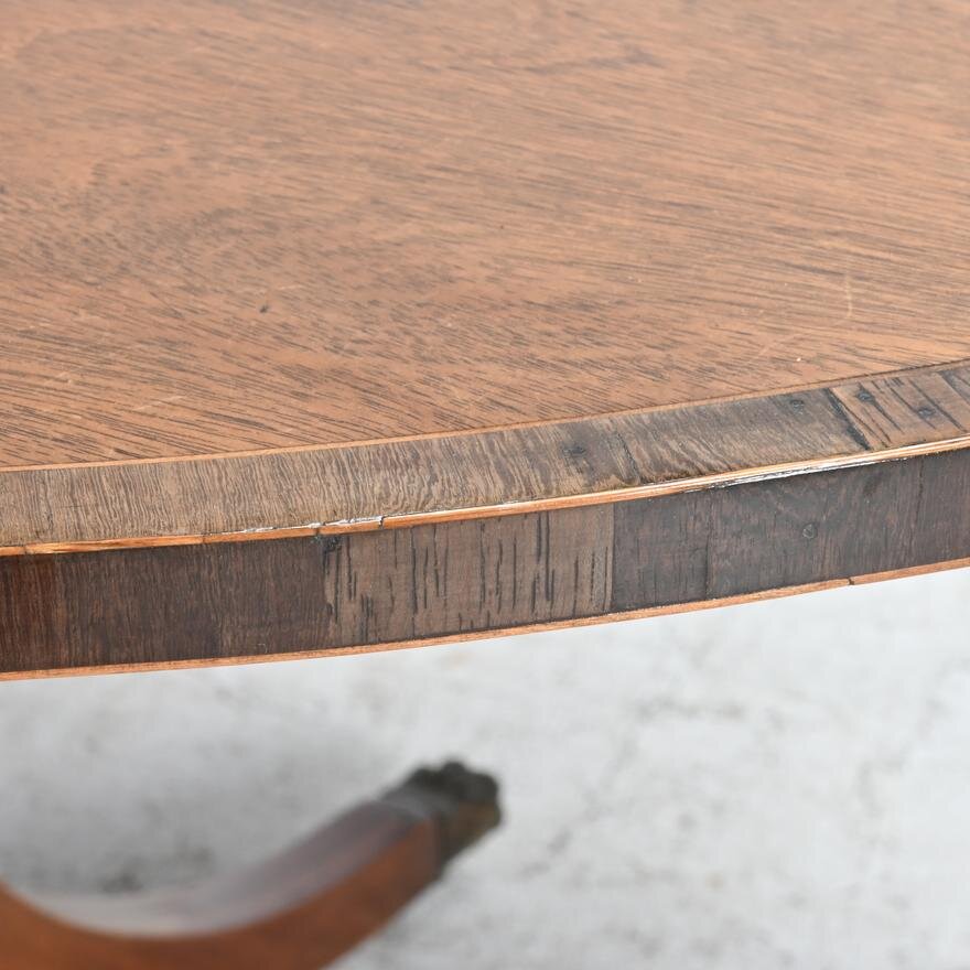 AF1-275: Antique Georgian Mahogany Oval Tilt Top Pedestal Dining Table With Rosewood Cross Banding and Line Inlay