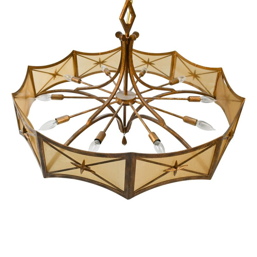 AL1-058: 1940's Art Moderne Gilt Iron and Parchment Plastic Filament Ten Light Chandelier