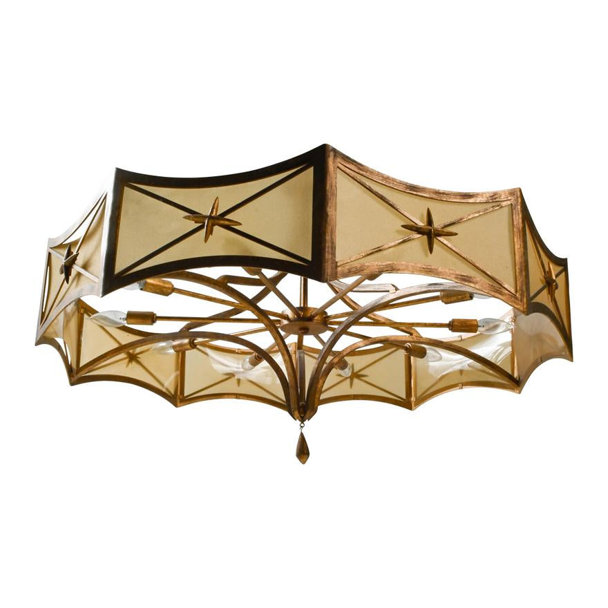 AL1-058: 1940's Art Moderne Gilt Iron and Parchment Plastic Filament Ten Light Chandelier