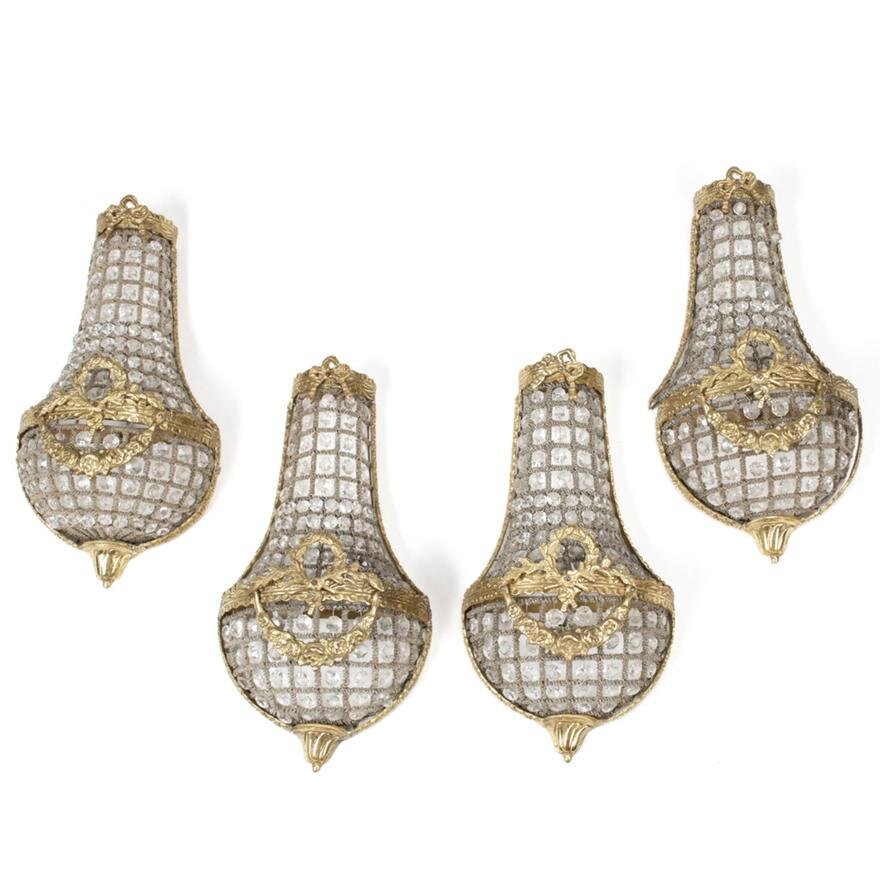 AL3-002: SET OF FOUR DORE BRONZE AND GLASS BASKET FORM SCONCES