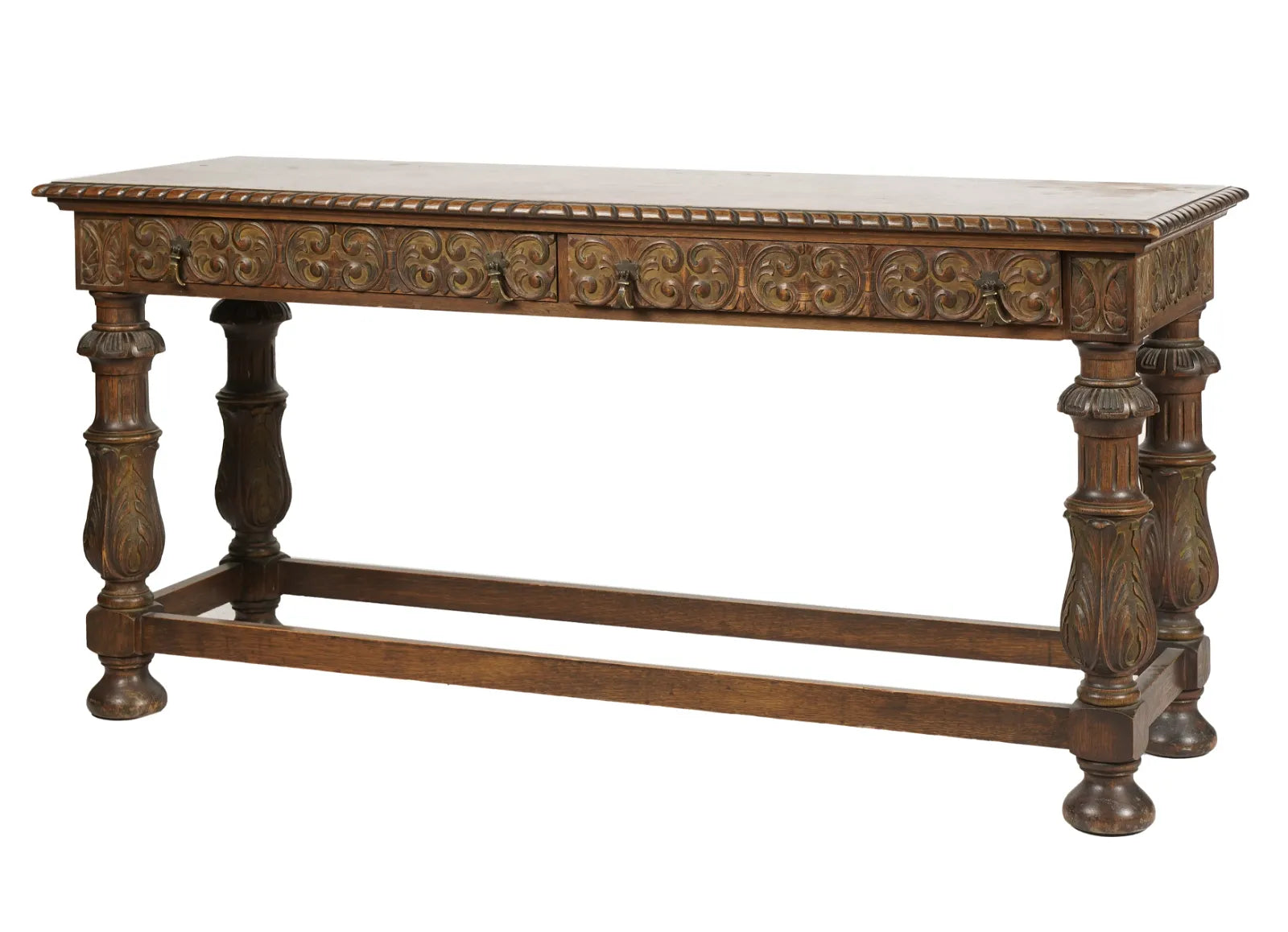 AF1-388: Antique Early 20th Century Spanish Colonial Revival Carved Oak Polychrome Console Table