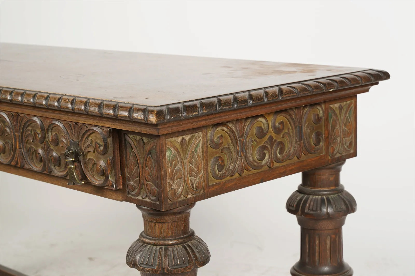 AF1-388: Antique Early 20th Century Spanish Colonial Revival Carved Oak Polychrome Console Table