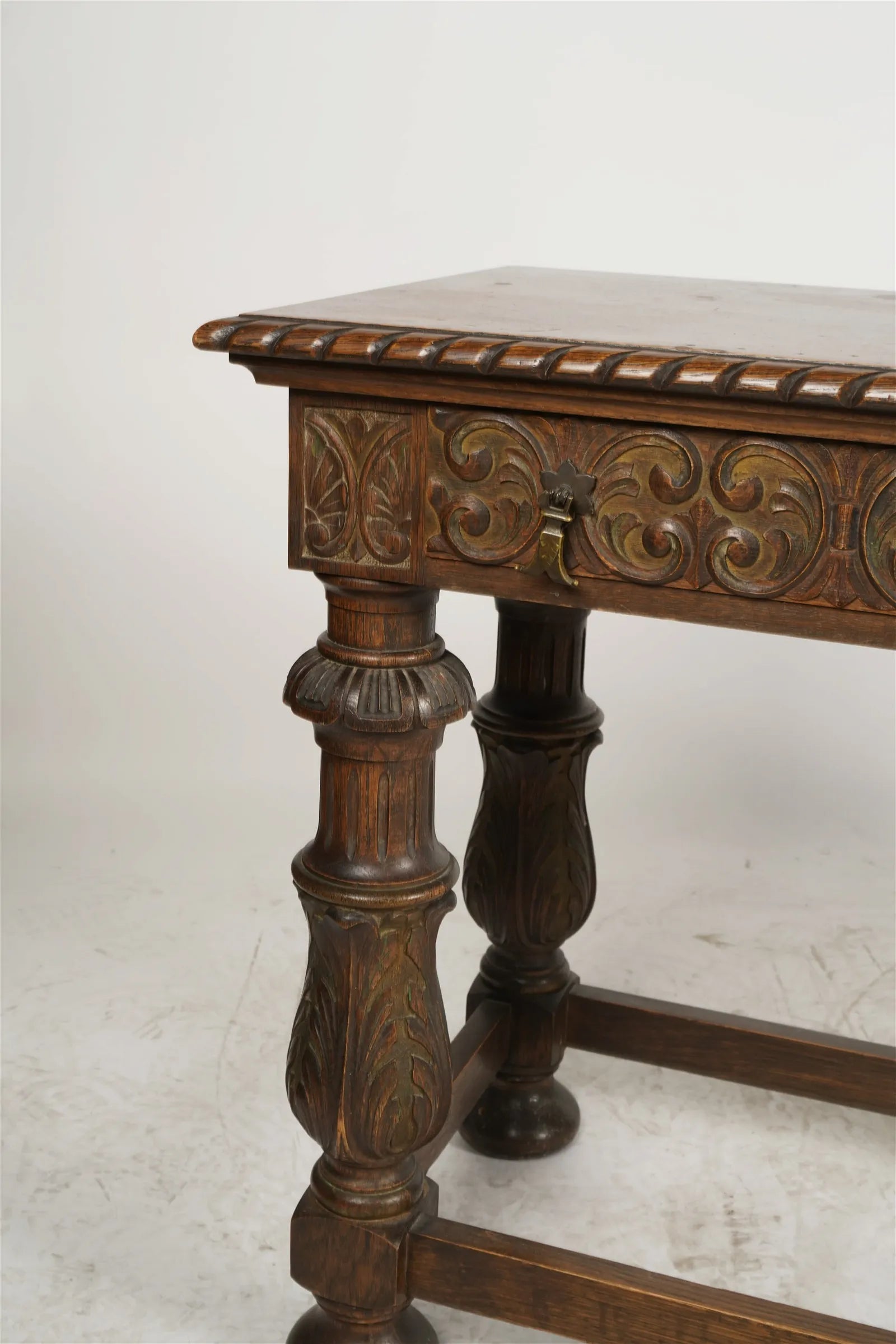 AF1-388: Antique Early 20th Century Spanish Colonial Revival Carved Oak Polychrome Console Table
