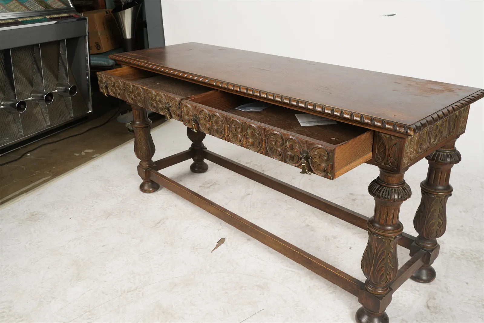 AF1-388: Antique Early 20th Century Spanish Colonial Revival Carved Oak Polychrome Console Table