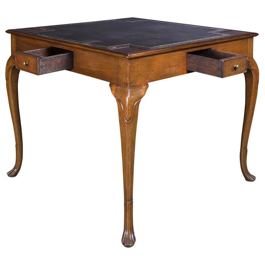 AF1-140: Burton Ching English Georgian Gilt Tooled Leather Top Walnut Games Table Late 20th Century