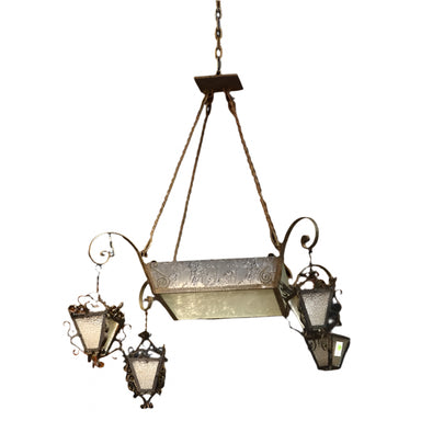 Antique Early 20th C Spanish Colonial Revival Wrought Iron & Glass Chandelier  | Work of Man