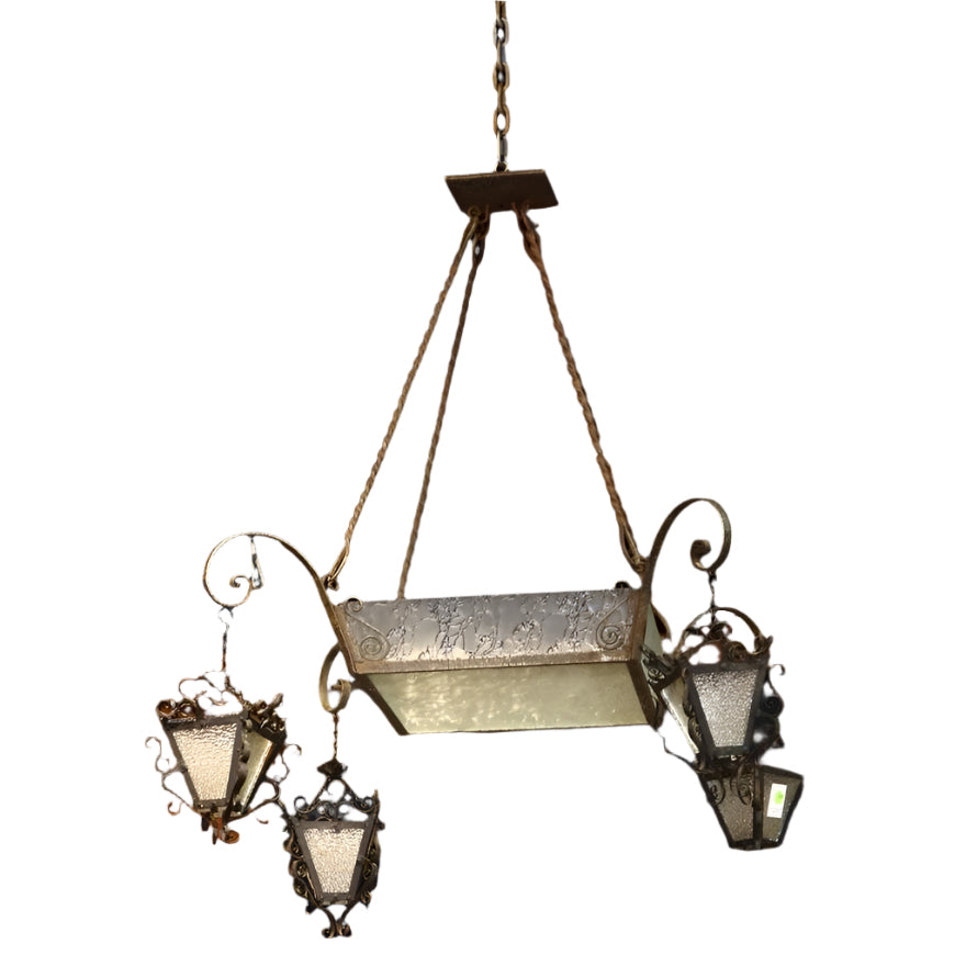 Antique Early 20th C Spanish Colonial Revival Wrought Iron & Glass Chandelier  | Work of Man