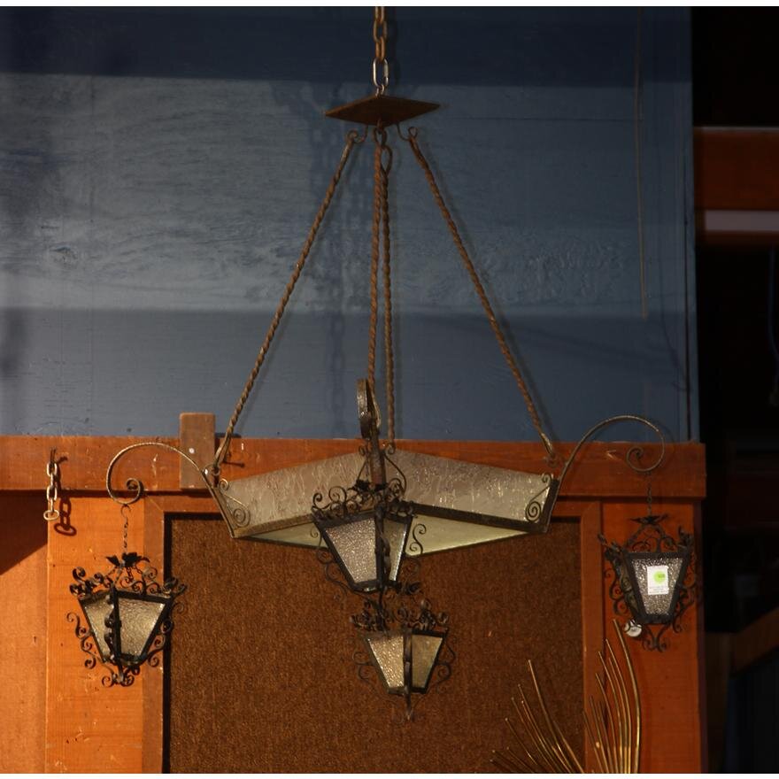 AL1-007: Antique Early 20th Century Spanish Colonial Revival Wrought Iron & Glass Chandelier