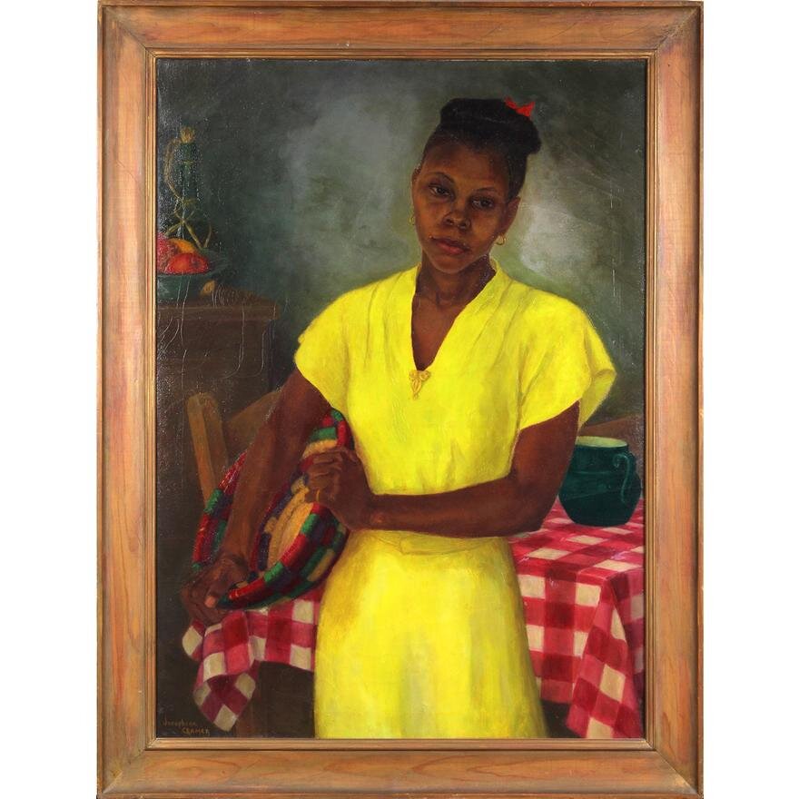 AW433: Josephine Cramer - Portrait of Lady in Yellow Dress - Oil on Canvas