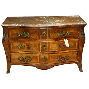 AF4-126: Antique French Louis XV Marquetry Marble Top Chest of Drawers Late 18th Century