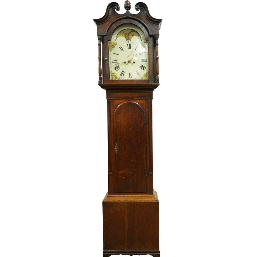 TK1-106: 18TH CENTURY ENGLISH QUARTER SAWN OAK TALL CASE CLOCK W/ MOON PHASE DIAL