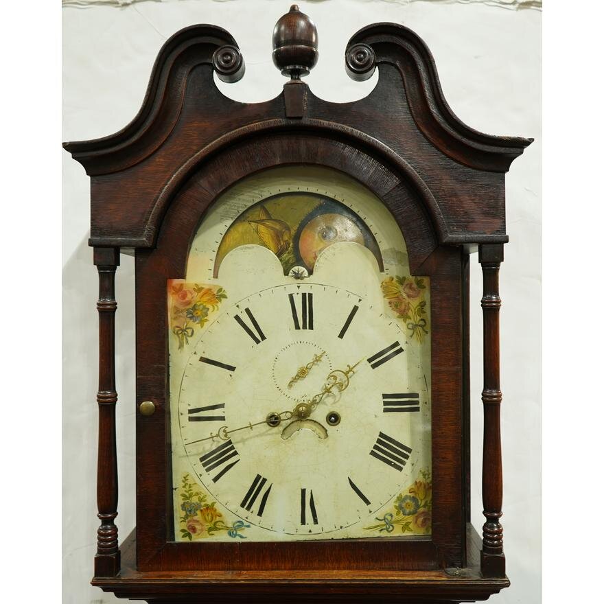 TK1-106: 18TH CENTURY ENGLISH QUARTER SAWN OAK TALL CASE CLOCK W/ MOON PHASE DIAL